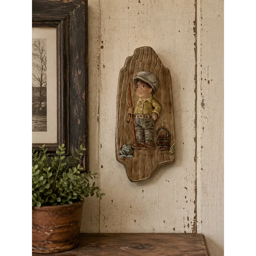 Vintage Ceramic Fishing Boy Wall Plaque 12 Inch Faux Wood Grain 3D Relief Decor
